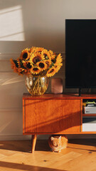 Sunflowers and Cat in Sunlit Living Room