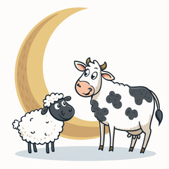 Create a bold, vector illustration of a sheep and a cow standing together, featuring thick outlines and a playful, friendly style.