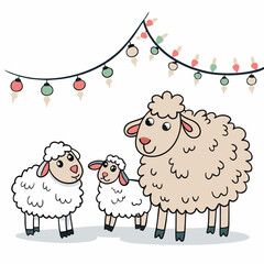 Create a bold vector illustration of a sheep family (ewe, ram, lambs) silhouetted under a stylized letter 'FE', suitable for logo design.