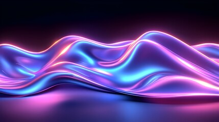 Glowing, iridescent liquid forms undulate across a dark background, exhibiting a smooth, reflective surface with vibrant pink and blue hues