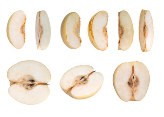 Collection of fresh and sweet pear slices in various compositions and angles, isolated on white background