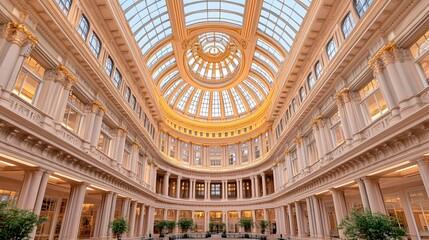 Obraz premium Grand atrium with a glass dome, classical columns, and soft lighting