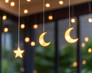 Illuminated star and crescent moon shapes hang amidst warm-toned string lights against a blurred background