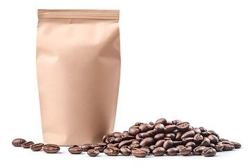 Kraft stand-up pouch beside a pile of roasted coffee beans on white background