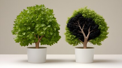 A striking visual contrast between two potted trees, one lush and green, the other dark and bare, representing the duality of nature. Perfect for themes of life and decay.