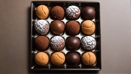 An Assortment of Round Sweet Treats: From Chocolate Coated Spheres to Powdered and Cracked Cookies in a Dark Tray.