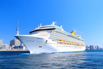 Naklejka premium Large cruise ship sailing on calm waters past a city skyline under a clear blue sky