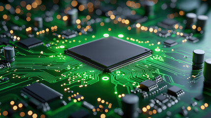 Microchip on a circuit board illuminated with lights