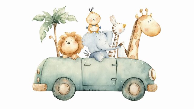 Un le&oacute;n, un elefante, un pavo real, un conejo y una jirafa est&aacute;n sentados en el techo de un coche verde.