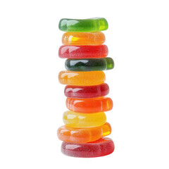 colorful stack of gummy candies arranged in a vertical formation the candies showcase a variety of vibrant colors. including red. orange. yellow. green. and clear. highlighting their chewy texture and
