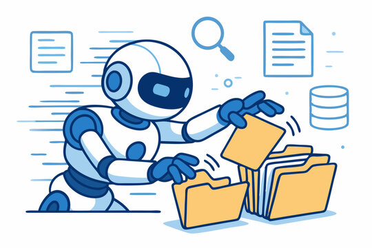 Advanced AI robot quickly searching digital files and organizing documents in folders, symbolizing automated data processing, information retrieval, and database management technology vector.