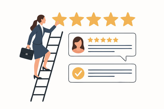 Businesswoman climbing ladder to reach five golden stars, representing achieving top customer satisfaction, positive feedback, excellent reviews, business growth and success concept.