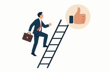 Vector illustration of a determined businessman ascending the ladder of success, aiming for the thumbs up icon representing approval, achievement, career goals, and upward mobility.
