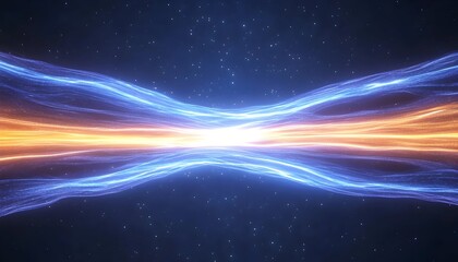Obraz premium Glowing energy streams converge, creating a bright central point in a dark, starry expanse