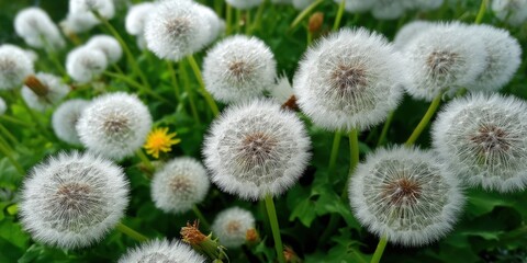 Dandelions on green grass, representing spring season, for nature publications
