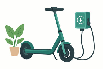 Electric scooter charging at a home wall box station. Vector illustration concept depicting modern sustainable urban mobility, e-scooter recharge, and green transportation technology.