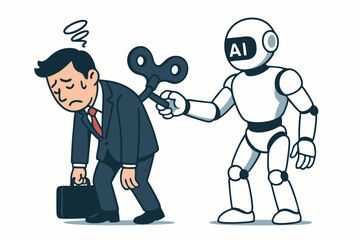 AI Robot Winds Up Tired Businessman Vector Graphic Showing Artificial Intelligence Helping Relieve Burnout, Boosting Productivity, and Providing Workplace Support.