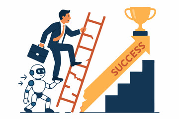 AI robot assists businessman climbing a precarious ladder, illustrating technological support overcoming career obstacles and striving for business success and trophy achievement.