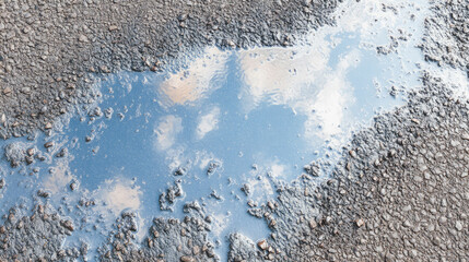 Puddle water reflection wet road surface liquid asphalt texture street rain blue sky clouds outdoor