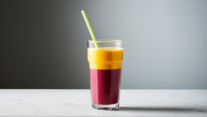 Fototapeta premium Layered Smoothie Delight: A Vibrant Blend of Flavors and Colors with a Stripped Straw on a Marble Table.