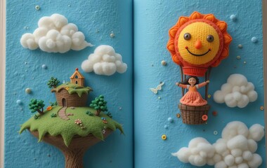 A 3D book with a little girl flying in a hot air balloon over a cloud island, with a smiling sun in the background
