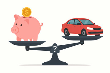 Financial decision concept illustration showing a scale weighing a pink piggy bank with savings against a new red car, representing the choice between saving money and vehicle purchase.