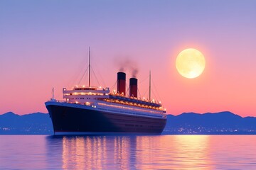 Majestic ocean liner sails at sunset, large moon glowing behind