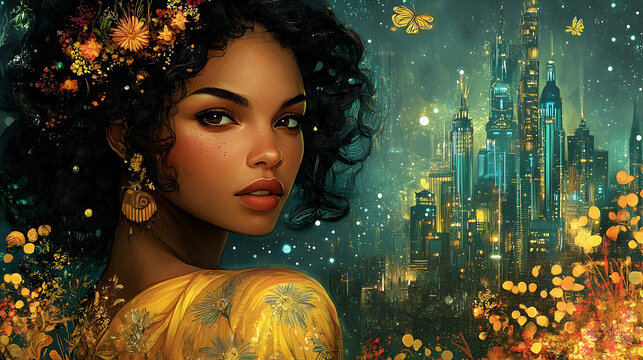 Portrait of a woman, adorned with floral crown, gazing serenely into the distance.