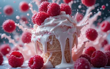 A close-up photo of a vanilla ice cream cone with raspberries on top, surrounded by floating raspberries and melting ice cream