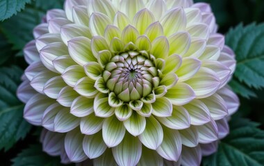 A close-up of a vibrant lime-green dahlia flower surrounded by dark-green leaves