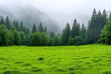 Fototapeta premium Misty mountain valley with lush green meadow and evergreen forest