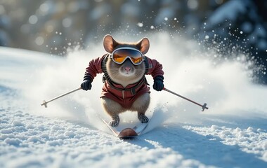 An illustration of a mouse skiing down a snowy hill with ski poles and goggles
