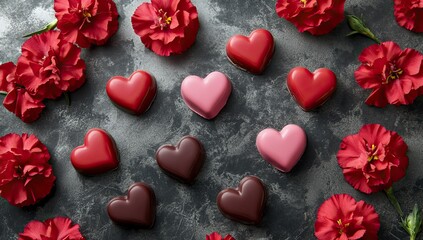 Obraz premium Beautiful arrangement of heart-shaped treats surrounded by vibrant red flowers for a romantic occasion