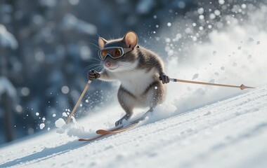 An illustration of a mouse skiing down a snowy hill with ski poles and goggles