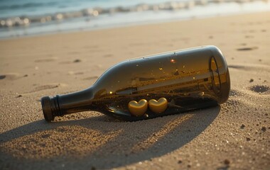 A bottle half-buried in the sand on a beach, with two small golden hearts inside and a beautiful sunset in the background.