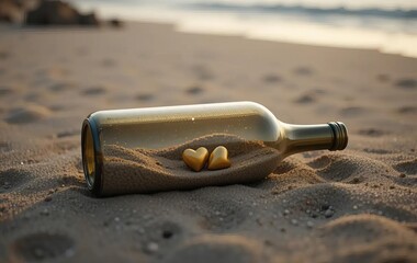 A bottle half-buried in the sand on a beach, with two small golden hearts inside and a beautiful sunset in the background.