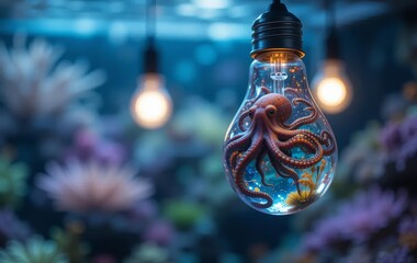 A hanging lightbulb with an octopus inside, surrounded by aquarium decorations.