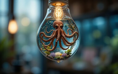 A hanging lightbulb with an octopus inside, surrounded by aquarium decorations.