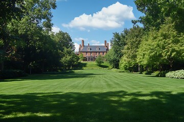 Obraz premium Lush Green Lawn Leading to Brick House Under a Blue Sky with White Clouds
