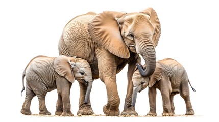 Obraz premium African Elephant with Two Baby Elephants Isolated on White Background