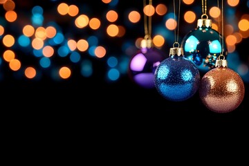 Shimmering ornaments hang against a bokeh backdrop of warm and cool lights