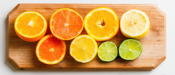 Obraz premium Citrus fruits orange lemon lime grapefruit fresh food healthy eating vitamin c vibrant color wooden board