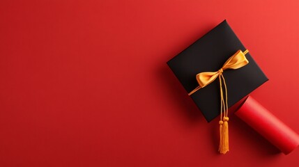 Festive gift box with golden ribbon, vibrant red background, ideal for celebrations, highlighting joy and giving spirit.