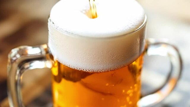 Close-up of a light-colored beer being poured into a glass mug, creating a frothy head.