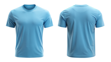 Template for a plain light blue t-shirt mockup, featuring front and back views on a transparent background


