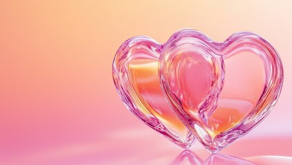Glass hearts symbolize love and connection in a soft pastel background at sunset