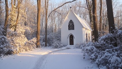 Snow-covered chapel nestled among trees in winter landscape at sunrise