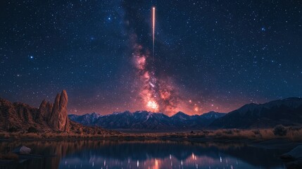 A stunning meteor shower lighting up the night sky above a serene mountain range, with stars twinkling in the background