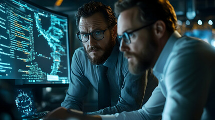 Focused programmers collaborating on complex data visualization.
