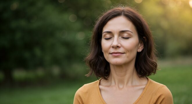 middle-aged Woman meditating peacefully in a green outdoor setting  